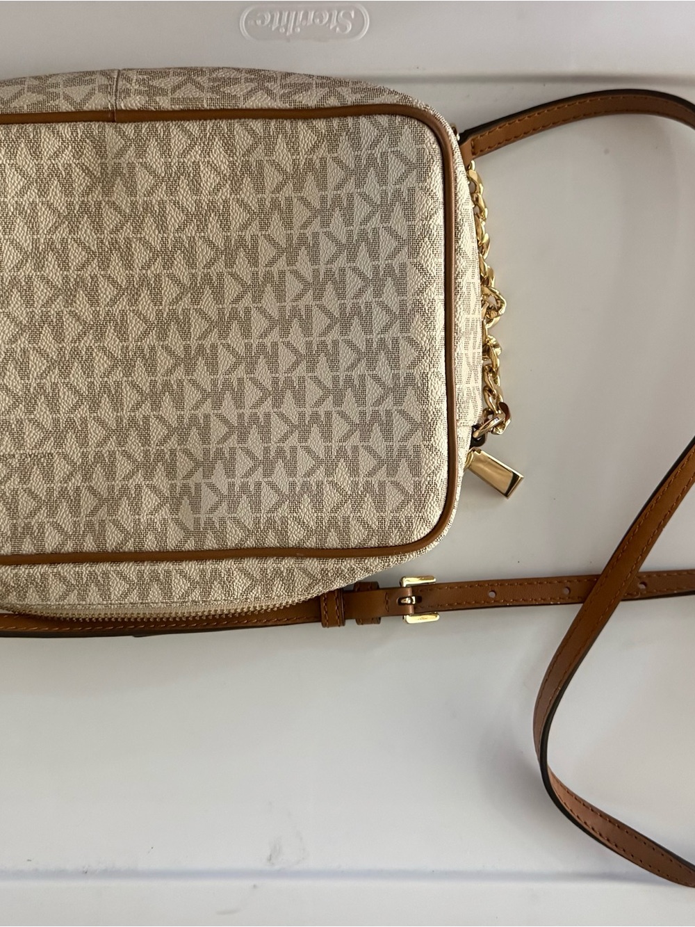 Michael Kors Beige Monogram Crossbody with Tan Trim
